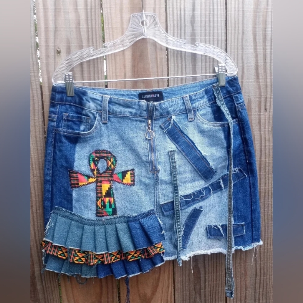 Upcycled denim and kente skirt